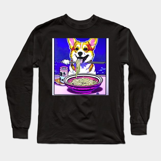 Corgi Eating Ramen Noodle Soup. Long Sleeve T-Shirt by Megaluxe 